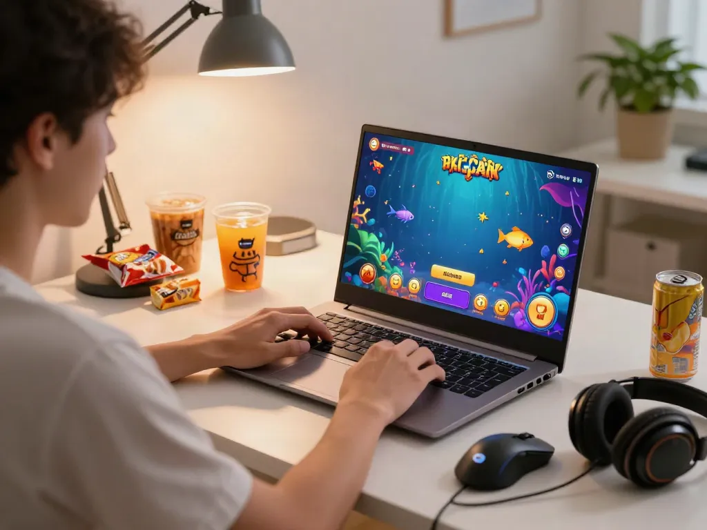 Exciting online gaming experience with du88, featuring vibrant aquatic graphics and a cozy home office setting.